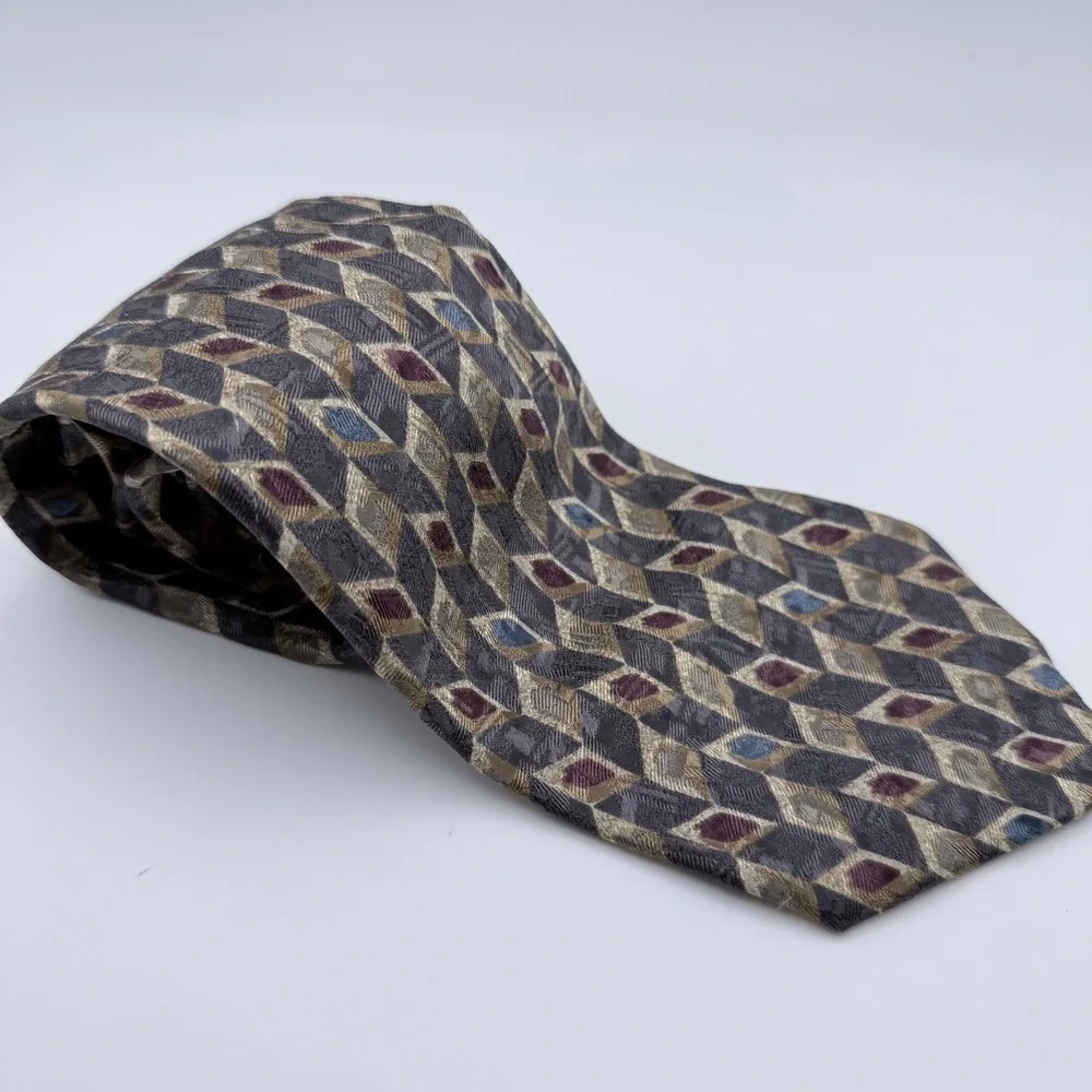 Stafford Mens Silk Tie Geometric Diamond‎ Pattern Grey Gold Made in Italy
